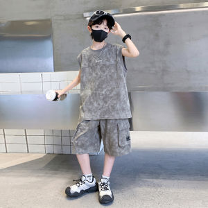 Summer Boys Kids Solid Color Clothing Sets Casual New Arrivals Sleeveless Top and Bottom Cargo Shorts 2pcs Sports Suit 5-14Years h260702