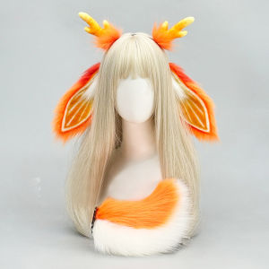 Japanese Anime Furry Orange Rabbit Ears Headband Tail Elk Antler Lolita Beast Ears Headdress Cosplay Party Costume Faux Fur Tail