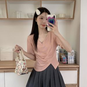 【READY STOCK】ST335 M-2XL Women Irregular V Neck Short Sleeved Crop Top Pleated Narrow Waisted Slim Fit T-Shirt
