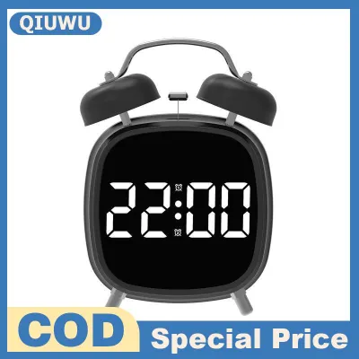 QIUWU Điều khiển bằng giọng nói kỹ thuật số Đồng hồ báo thức đôi chuông siêu lớn cho nặng ngủ chế độ ban đêm 12 24h đêm chống làm phiền bảng dẫn đồng hồ