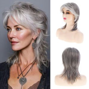 BEAUTYLADIES Layered Mullet Wigs with Bangs Realistic Synthetic Grandma Grey White Hair Fashion Natural Retro Cosplay Costume Wig for Women