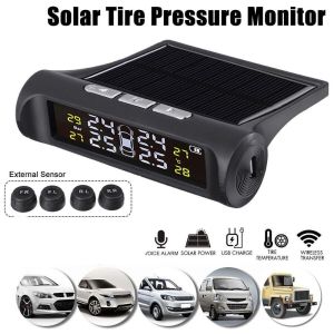 BESTIT Solar Car Tire Pressure Alarm 4 External Sensors LCD Display Auto Security Alarm Systems Portable Wireless TPMS Monitor System