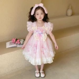 【size 90-140】Girls Summer Cinnamoroll Melody Lolita Dress kids baby Princess Flying sleeves mesh dress