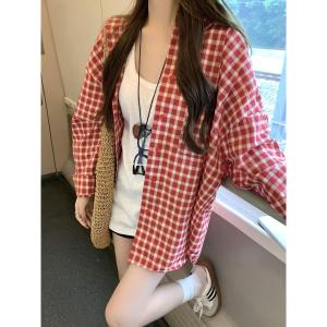 M-2XL Womens Plaid Long Sleeves Polo Checkered Blouse Oversize Casual  Loose Korean Retro mid-length Shirt  W514/W513/W512