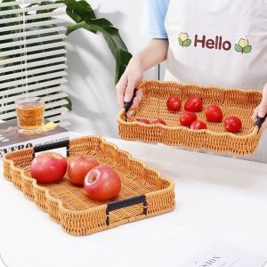 IFFINE Handwoven Wicker Serving Tray Retro Style Woven Handheld Plastic Rattan Storage Tray Creative Versatile Imitation Rattan Fruit Plate Kitchen Storage
