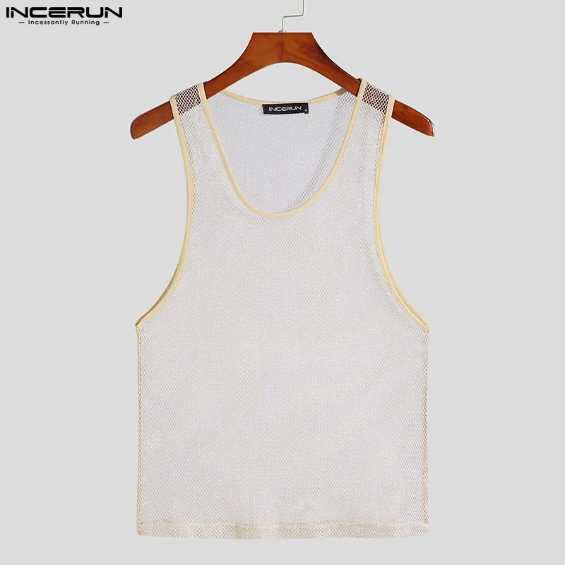 INCERUN Mens Sleeveless Sheer Vests Tank Crew Neck See Through Party Dress  Tops T Shirts (Western Style)