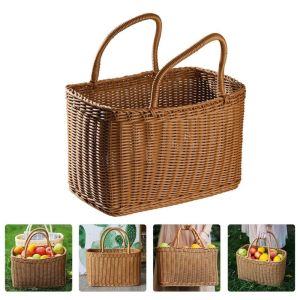 Rectangular Woven Basket Rattan With Handle Picnic Basket Decorative Handwoven Flower Basket Fruit