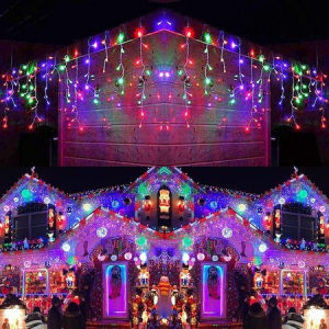 【Solar/Plug】Christmas Lights Icicle Curtain 120 LED Outdoor Waterproof 8 Modes Fairy String Lights for Xmas Tree Patio Yard Garden Party