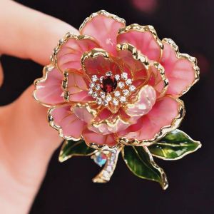 GENENIC Phong cách Trung Quốc Trâm Cài Hoa Hoa mẫu đơn màu hồng Tráng men sang trọng Ghim trâm hoa mẫu đơn Phụ kiện đám cưới Tinh tế Ghim Cài tráng men hình hoa lớn Phụ nữ