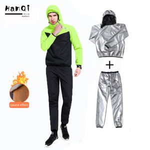 Hanqiaoxi Lazysuit Sauna Suit Men Exercise Fitness Sweat Suit Weight Loss Workout (Green)（Jacket + pants）