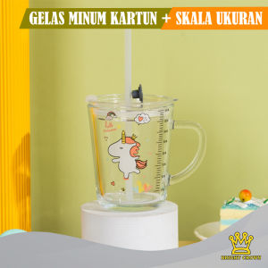 Bright Crown Gelas Kaca 400ML Motif Animal Skala Ukuran FREE Sedotan Kaca Anti Bocor