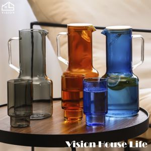 Vision Nordic Color Heat-resistant Glass Water Kettle Borosilicat Glass Water Jug Bottle Large Capacity Flower Tea Pot Fruit Juice Kettle Set Household Cold Drinkware Set