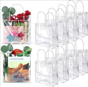 Plastic Transparent Gift Bag PVC Material Tote Bag Transparent Small Wrap Simple Fashion Packaging Bag Reusable Handle Bag for Baby Shower Party Favor Wedding Shopping Retail