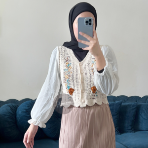 Haseena Outer Rajut Wanita Izhna Motif Bunga Timbul Lengan Panjang Chifon Cerutty Puffy Blouse Long Sleeve Atasan Vest Rompi Knit Kekinian