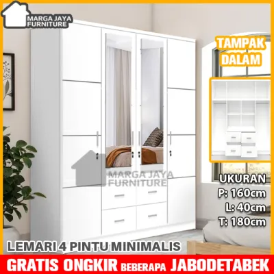 Lemari Pakaian 4 Pintu Jumbo Full Putih Minimalis berikut Laci dan Cermin Kaca Lemari Baju Kamar Keluarga Termurah