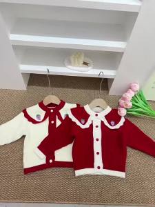 Girls Sweater Jacket Spring and Autumn Outfit 2025 New Baby Sweet Doll Collar Top Childrens Red Knitted Cardigan