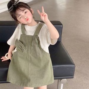 Girls Dress 2024 Summer New Korean Short Sleeve Fashionable Fake Two Piece Combination Womens Treasure Cartoon
