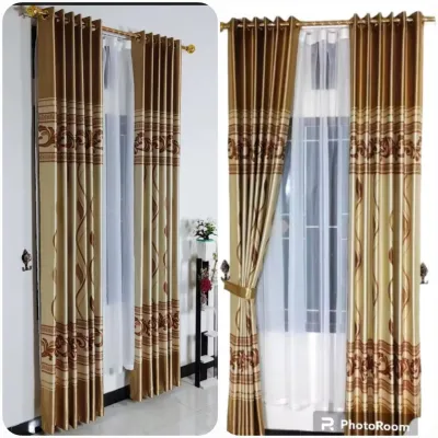 GORDEN JENDELA DAN PINTU PRINT EMAS PANJANG 240CM SET RUANG TAMU HORDENG TEBAL BAHAN BLACKOUT