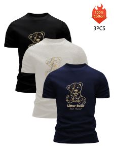 3PCS 100% Cotton Premium Quality Mens Summer Short Sleeve Tshirt Litter Bear Graphic Print Soft Breathable Casual Trendy Tee