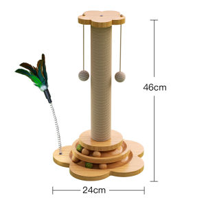 4in1 Solid Wood Cat Scratching Post Natural Sisal Scratcher with Interactive Track Toys and Dangling Plush Ball