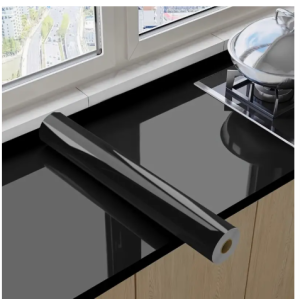1-Roll Self-Adhesive Glossy Black Kitchen & Bathroom Film - Waterproof Oilproof Peel-resistant - Easy to Clean - Modern Countertop Cabinet backsplash Sink - Vinyl Surface Protector for Kitchen Bathroom Office - DIY-Friendly Decoration Cabinet Make