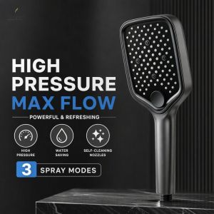 Square Handheld Shower Head Set High Pressure Water Saving 3 Spray Modes Self Clean Nozzles For Home Bathroom