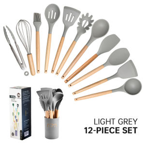 Nipiin 12pcs/set Silicone Utensils Set Kitchen Cooking Tool Spatula Ladle with Wood Handle Non-Stick Kitchenware