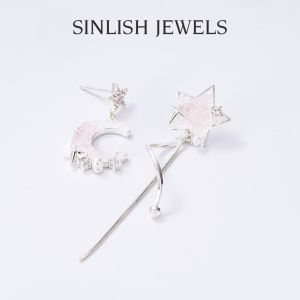 SINLISH Star & Moon Asymmetrical Earrings Pink Gradient Crystal Premium Zircon Diamond Jewelry (one pair)