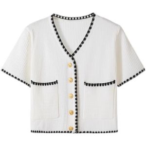 AN-13# Korean Cropped Cardigans For Women Short Sleeve Buttons Through With Pocket Silk Knit Office Wear Summer Spring