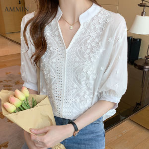 AMMIN Tops 2023 summer new fashion stand-up collar embroidery hollow elegant temperament five-point sleeve all-match blouse womens fashion short-sleeved chiffon shirt