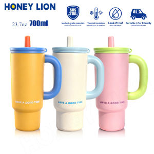 HoneyLion กระติกน้ำ 700ml เก็บน้ำแข็งได้ 24 ชั่วโมง เก็บความร้อน 12ชม. - สแตนเลส กันรั่ว มีหลอดหด ใช้ในรถ