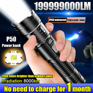 9999900W Irradiation distance 9000KM Flashlight rechargeable super bright five lighting modes portable zoom flashlight camping flashlight LED waterproof outdoor searchlight Portable Flashlight