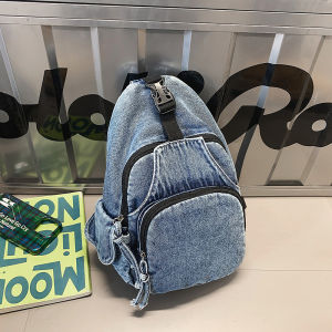 กระเป๋าเป้สะพายหลังผ้ายีนส์ฟอกสีย้อนยุคน้ำหนักเบากระเป๋าสะพายคาดลำตัวแบบพกพากระเป๋าเงินสะพายไหล่ขนาดเล็กปรับสายรัดหน้าอกกระเป๋าเก็บของเดินทางแพคเกจกระเป๋าเป้สะพายหลังผ้ายีนส์แบบลำลอง