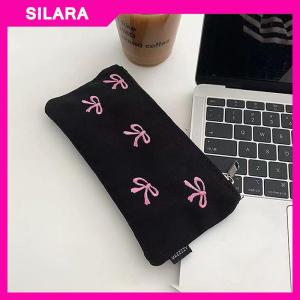 SILARA Ins Style Simple Black Bow Pencil Case Large Capacity Pencil Storage Bag Cosmetic Bag Stationery Organizer School Supplies