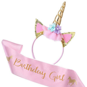 2 Pcs Unicorn Headband Pink Satin Sash Hair Accessories Birthday Party Supplies for Girl