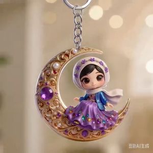 Cute Muslim Girl on Moon Keychain 2D Flat Acrylic Key Ring Hijab Doll Charm Pendant Ramadan Gift Multicolor