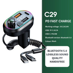 Car Bluetooth 5.0 FM Wireless Audio Receiver Car MP3 Player 25W PD Fast Charge With Type-C Port Charging Cable