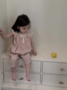 Baby clothes for going out summer outfits for girls Korean-style childrens clothing summer styles for babies T Striped shirt and suspender jumpsuit