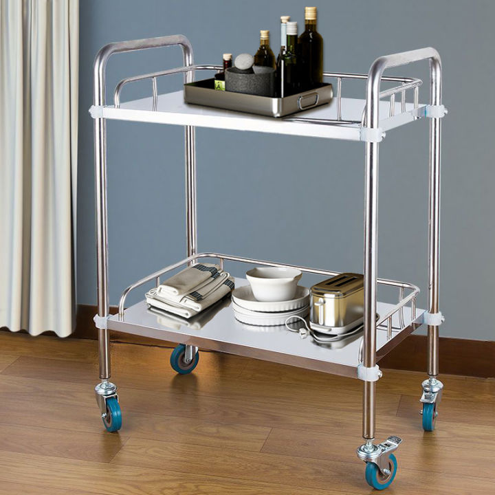 2 layers Movable stainless medical trolley cart with wheels organizer