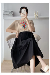 Real shot pregnant women summer new Korean loose splicing dress large size round neck short sleeve maternity dress t-shirt dress