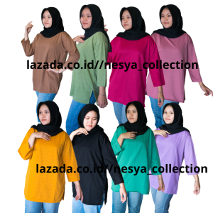 Atasan kaos polos wanita oversize blus jumbo lengan 7/8 kaos oversize polos wanita hijab tebal halus