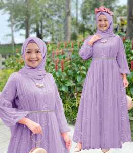 Pakaian Gamis Anak Perempuan Maxi Zahra Kids Size 3-14 Tahun Matt Full Brokat Mutiara di Lapis Furing Hyget Mix Tille Onde Gamis Remaja Abg Terbaru Viral Model Tangan Balon
