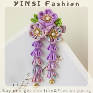 YINSI Japanese Kimono Fabric Flower Folding Fan Children Hair Accessories Clip Tassel Headwear Headdress Barrette