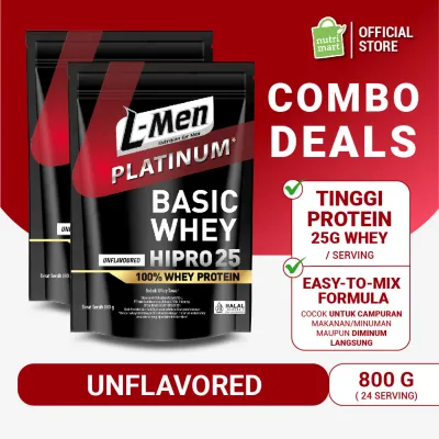 Twin Pack : L-Men Platinum Basic Whey Protein Unflavoured 800gr/1.8lbs - 25g Whey Protein – 24 Serving – 65g BCAA