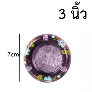 ตลับไม้เพ้นท์ลายดอก ที่เขียบุหรีไม้ ติดนิเกิลกันไฟ แบบกลม ขนาด 3"4"5"6"Ashtray