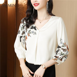 AMMIN Áo Voan Đi Làm Ngắn Tay Khâu Họa Tiết Hoa Phong Cách Hàn Quốc Áo Cánh Thanh Lịch Khâu Cá Tính In Hình Bướm Cổ Chữ V Gợi Cảm Mới 2022 Cho Nữ Áo Phong Cách Instagram Cho Nữ