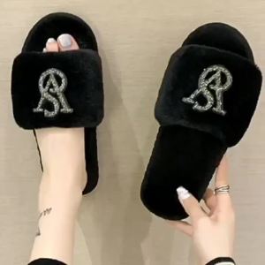 Rhinestone Slippers For Women Indoor Home Use Sparkling Diamond Warm Open-Toe Cotton Slippers For Women