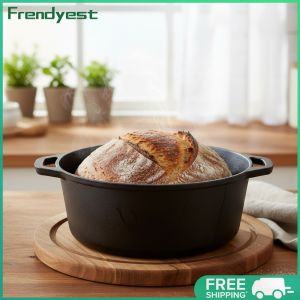 Heavy-Duty Cast Iron Double Dutch Oven with Lid 2-in-1 Pre-Seasoned for Bread Baking and Stewing Large Capacity Black