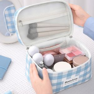 SEJUE4373 Phong cách Hàn Quốc Túi trang điểm họa tiết ca rô Hình vuông Dung lượng lớn Túi mỹ phẩm nữ Di động Khóa kéo đôi Túi giặt Công cụ tổ chức du lịch