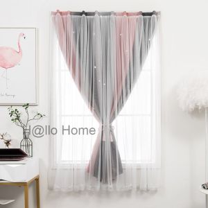 HH-ผ้าม่าน ม่านกั้นห้อง ม่านหน้าต่าง ผ้าม่านหน้าต่าง 2 ชั้น ม่านทึบแสง ม่านโปร่งแสง ม่านผ้าพื้ ใช้ตีนตุ๊กแก ลายดาว